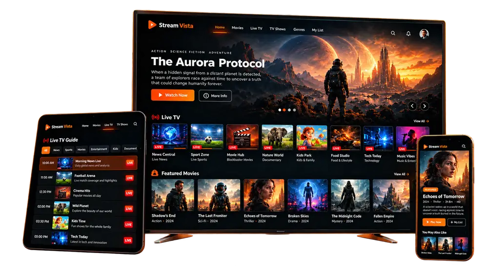 StreamVista IPTV UK app on Smart TV, tablet and mobile showing live TV guide and movies