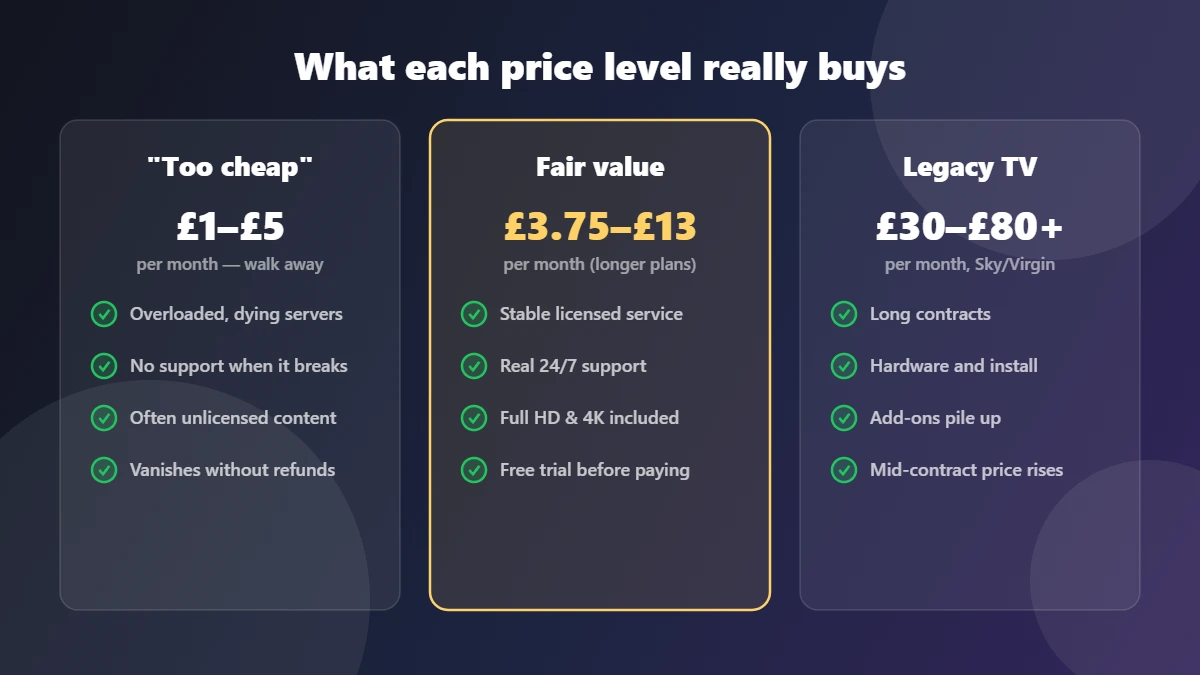 Cheap IPTV UK price tiers compared: too-cheap services, fair-value IPTV plans and legacy satellite TV or cable TV bundles
