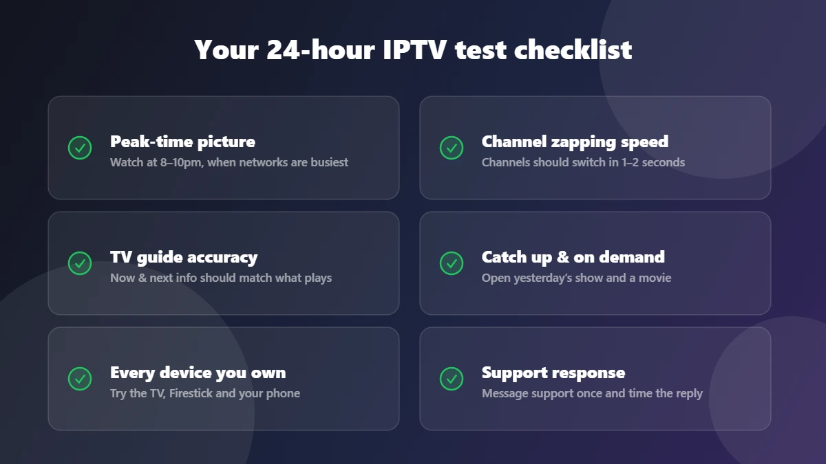 IPTV free trial checklist: peak-time picture, zapping speed, TV guide accuracy, catch up, devices and support response